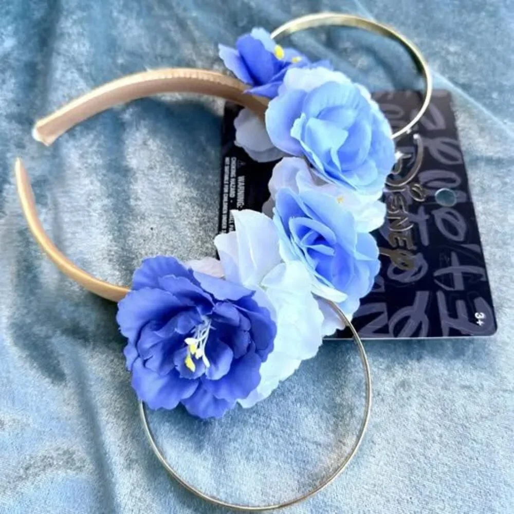 Disney Minnie Mouse Floral Ear Headband Gold Blue White New